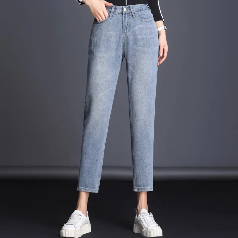 Denim blue Джинсы с высокой талией, женские весенне-осенние джинсы с карманами на молнии, широкие винтажные джинсы, большие размеры, повседневные свободные джинсы, женские джинсы Mujer - Цвет: Denim blue