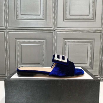 

2020 luxury brands Genuine Leather velvet crystal diamond Female flat slippers size 34-40