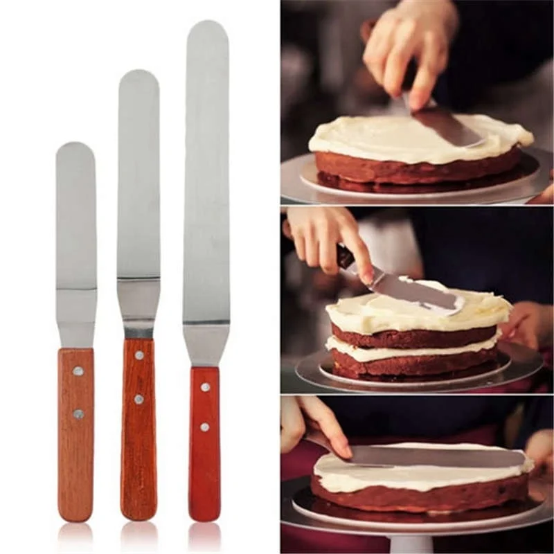  L Shape Curved Cake Icing Spatula Wooden Handle Stainless Steel Cake Cream Scraper