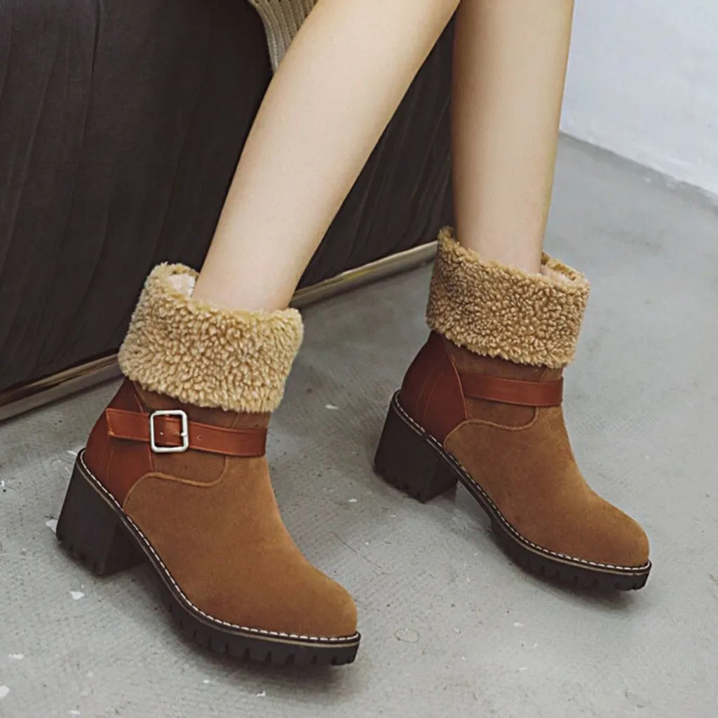 

Women's solid color square high heels zipper suede warm snow boots round head suede side with snow boots 2019#3