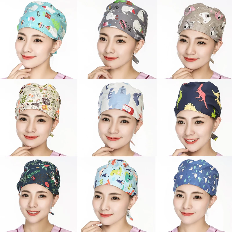 2pc Surgical Scrub Cap Flower Printed Adjustable Tie Doctor Nurse Cap Surgery Hat