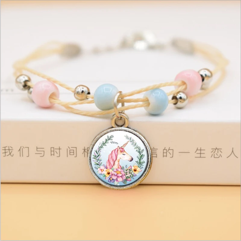

Cute Kawaii Unicorn Flower Glass Dome Pendants Charm Bracelet Fashion Ceramic Beads Bracelets For Women Girls Korean Jewelry