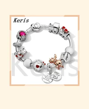 

100% 925 silver sterling winter bracelet Merry Christmas charm dazzling snowflake Pink reindeer bear train