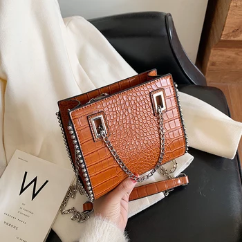 

Stylish Alligator Pattern Women Handbag PU Leather Bag Female Silver Rivets Shoulder Women Bag Chains Fashion Woman Totes Bags