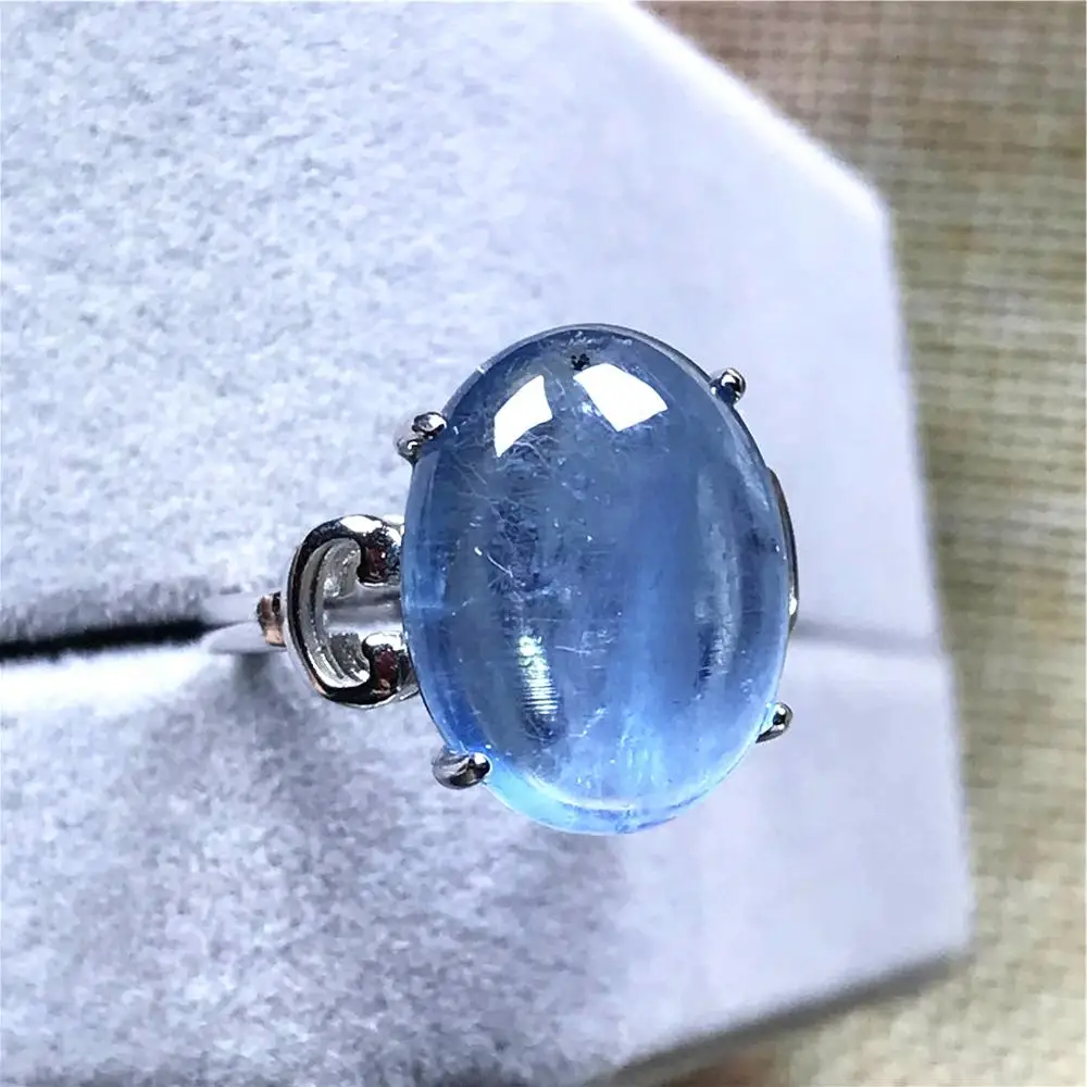 

16x13mm Top Natural Ocean Blue Aquamarine Ring For Woman Lady Man Clear Crystal Beads Stone Silver Adjustable Ring Jewelry AAAAA