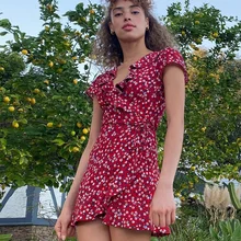 

Summer Vintage Red Floral Mini Dress Ruffle Deep V-neck Retro Pastoral Style Short Sweet Dresses Fashion A-line Pleated Dress
