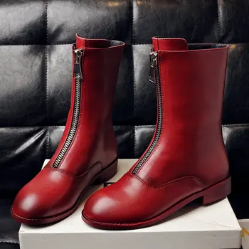 

Luxury Boots Front Zipper Ankle Boots for Women Flat Retro Western Short Boots Autumn Winter Red Black White Boots Ladies Shoes