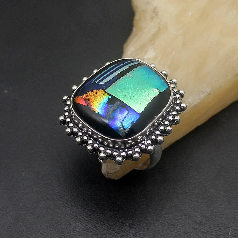 Hermosa Solitaire уникальное старинное дихроическое стекло 925 пробы Серебряное романтическое кольцо Размер 8 A881