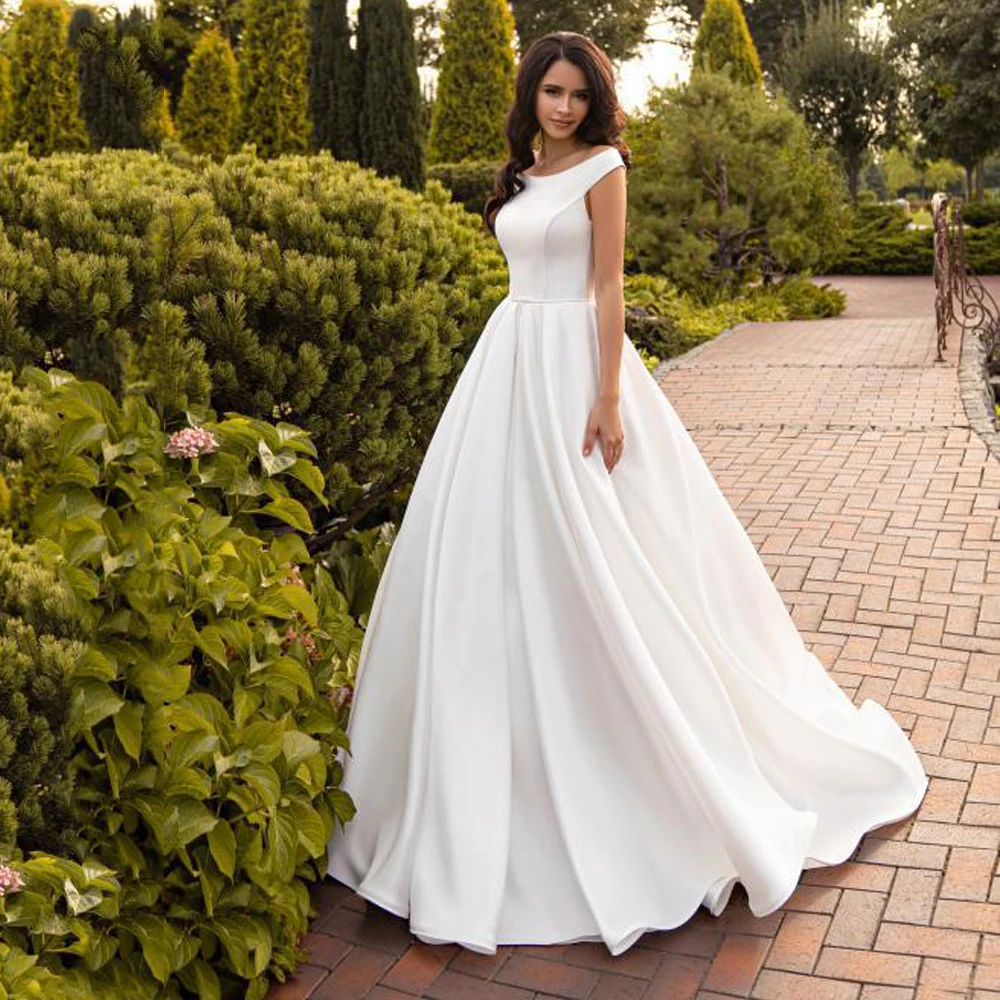 

2022 New Design Scoop Off Shoulder Ribbons Satin Simple Wedding Dress 2022 Vestido De Noiva Bridal Gowns