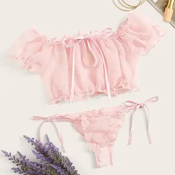 

2020 Fashion Pleated Mesh Lace Lingerie Set Women Sweet Cute Babydoll Sleepwear Ladies Crop Tops+Briefs Low-Rise Underwear Hot