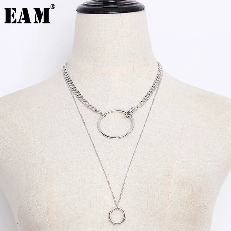

[EAM]2019 Spring Summer Woman New Listing Temperament Solid Golden Sliver Color Long Round Double-deck Chain Necklace LD677