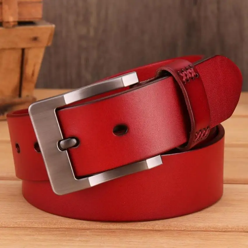 Pin Buckle Genuine Leather Simple Style Belt Designer Cowskin Male Jeans Belt Real Leather minimalist Strap Waistband XKS188 - Color: Red