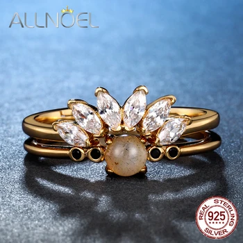 

ALLNOEL Solid 925 Sterling Silver Bridal Ring Set 5A Zircon Natural Labradorite Gemstone 9K Gold Wedding Jewelry Stackable Ring
