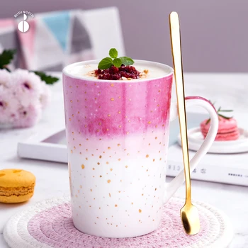 

Cute Nordic Mug Gradient Simple Ceramic Mug for Couple Creative with Spoon Lid Kubek Ceramiczny Student Milk Coffee Mug MM60MKB