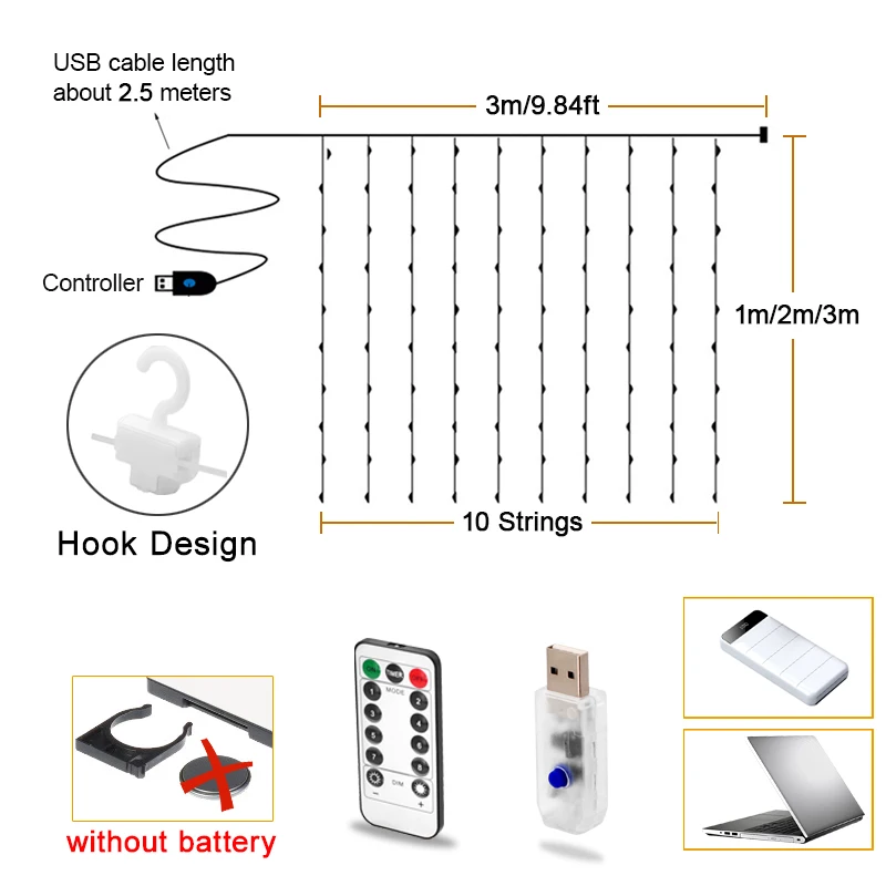 Светодиодная Рождественская USB гирлянда 3X3 для штор с крючком сказочные огни