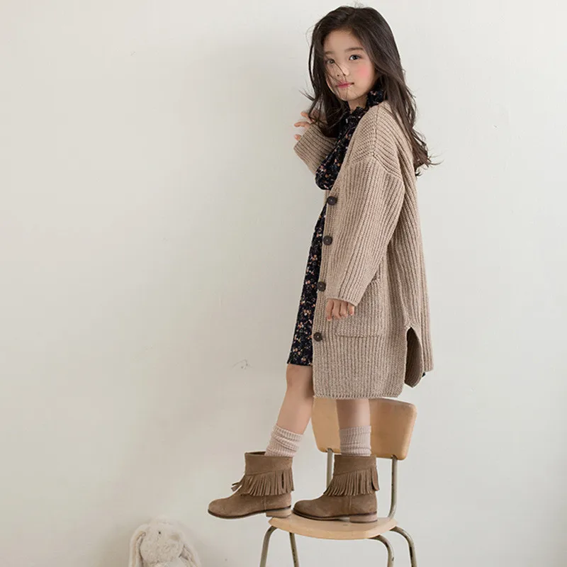 

Parent And Child Mom GIRL'S Child Western Style V Neck Sweater Cardigan New Style Autumn Mid-length Thick Thread Knitted Coat
