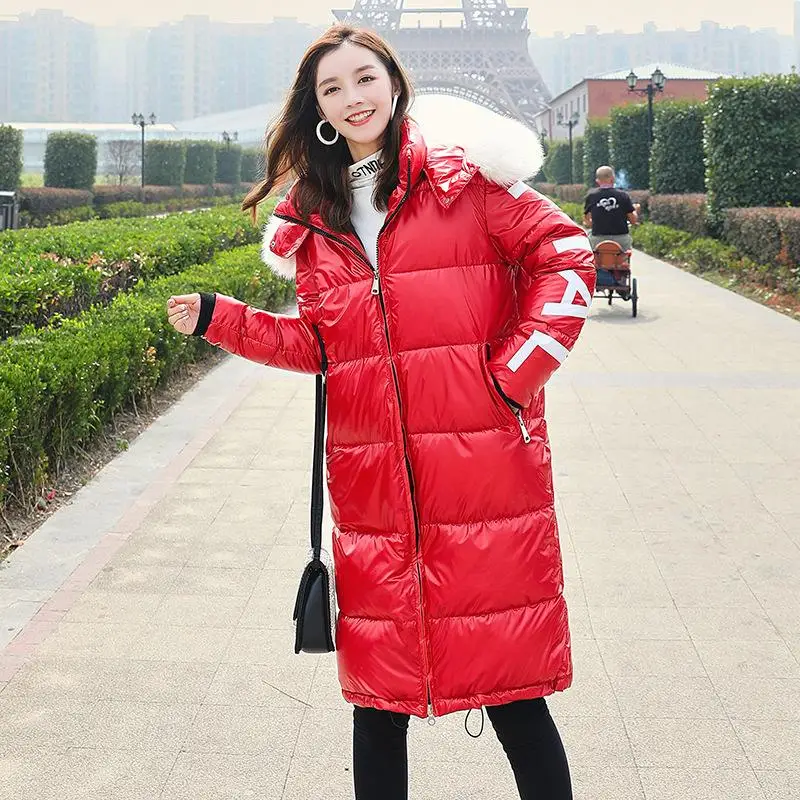 Best 2019 Long Glossy Parka Women Winter Jacket Cotton Padded Warm Thicken Big Fur Collar Ladies Long Coats Parka Womens Jackets