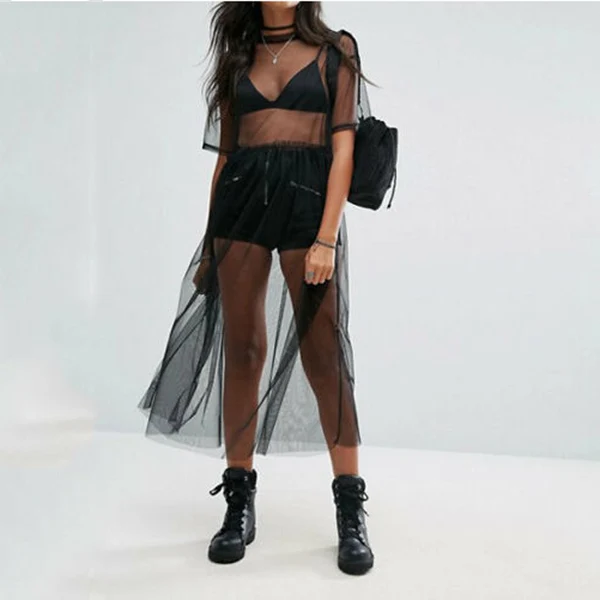 

Women See Through Mesh Long Blouse Cover Up Shirt Dress Sheer Beach Cover Up Tulle Lace Transparent Streetwear Blusas Tee