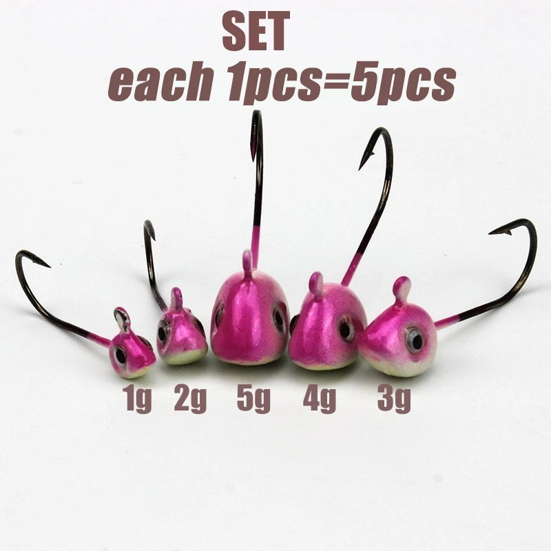 set Рыболовные крючки для джига, 5 шт./лот, 0,5 г, 1 г, 2 г, 3 г, 4 г, 5 г, персиковый цвет, с рыбными глазами, свинцовые рыболовные крючки - Цвет: set