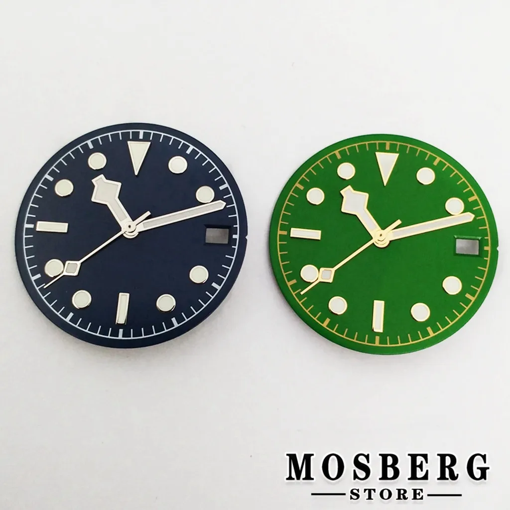 Sterile Luminous Black and Green Watch Dial with Date Window and Hands - 28.5mm