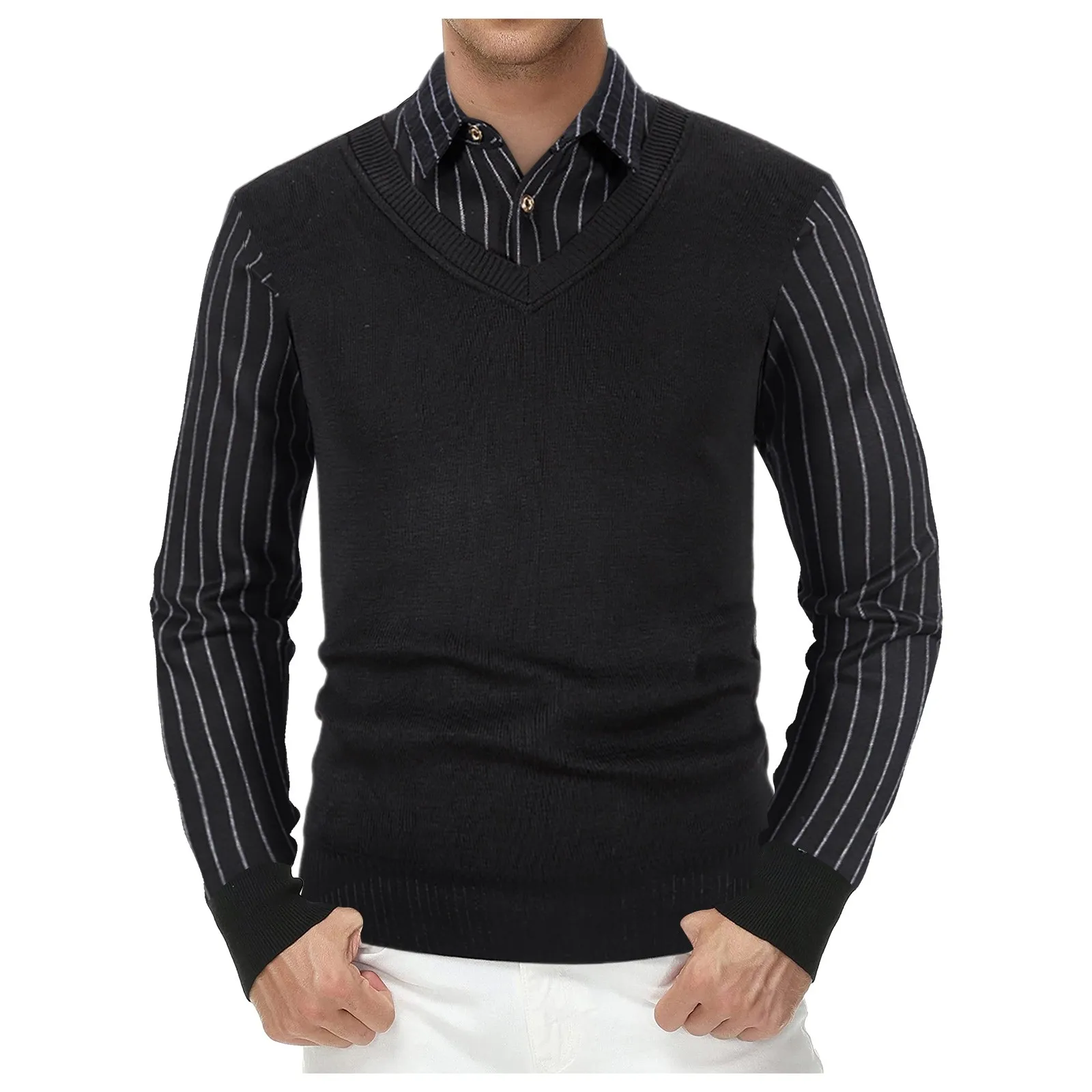 Fashion Casual Fake Two-piece Knitted Pullover Sweate Business Sweater Shirt Long Sleeve Jumper Male Fashion Slim Fit Sweater 1
