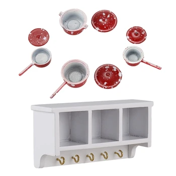 

2 Set 1/12 Miniature Dollhouse Kitchen Tool: 1 Set Wood Wall Bracket White & 1 Set 8 Pcs Cookware Pot Pan Set