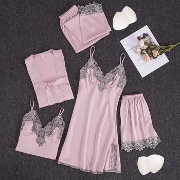 

Silk Women Homewear 5 Pieces Set Sleepwear Sexy Lace Deep V-neck Nightwear Satin Thin Nightdress Female Casual Soft Nightgowns