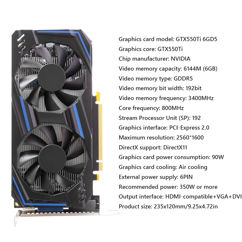 GTX550Ti 6GB Computer Graphic Card 192bit PCI-E 2.0 GDDR5 NVIDIA VGA HDMI Video Cards 350W with Low-Noise Dual Cooling Fans latest gpu for pc