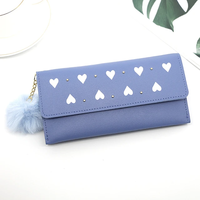Women's purses Long Wallets Pure Color Wool Ball Bow Clutch Bag Card Coin Purse Standard Wallets PU Solid Polyester Wallet Blue
