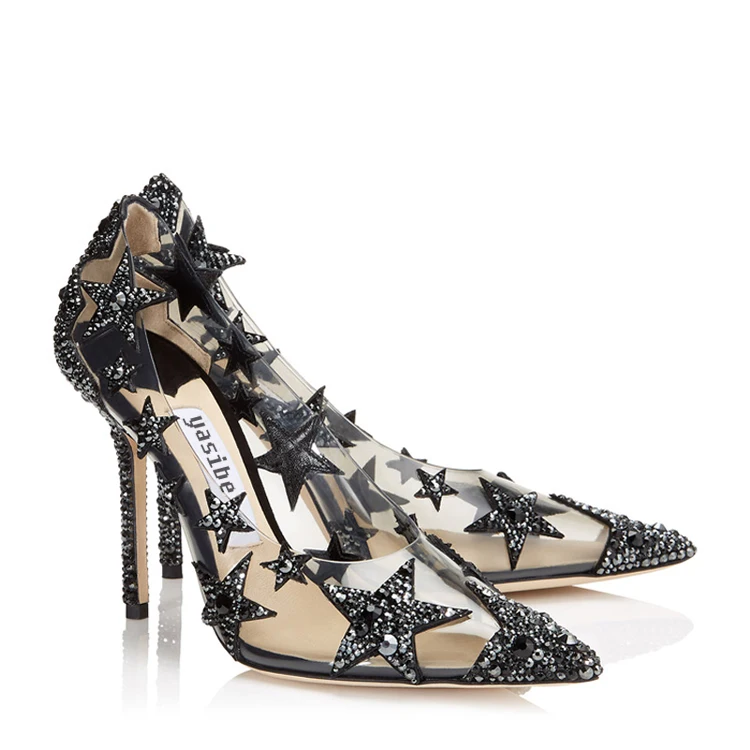 

Spring and autumn new stars rhinestone women's high heels breathable thin heel sexy pointed TPU transparent shoes