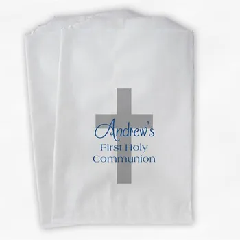 

Custom First Communion Favor Bags with Cross - Personalized Baptism or Religious Party Favor Bags -Blue and Gray Paper Treat Bag