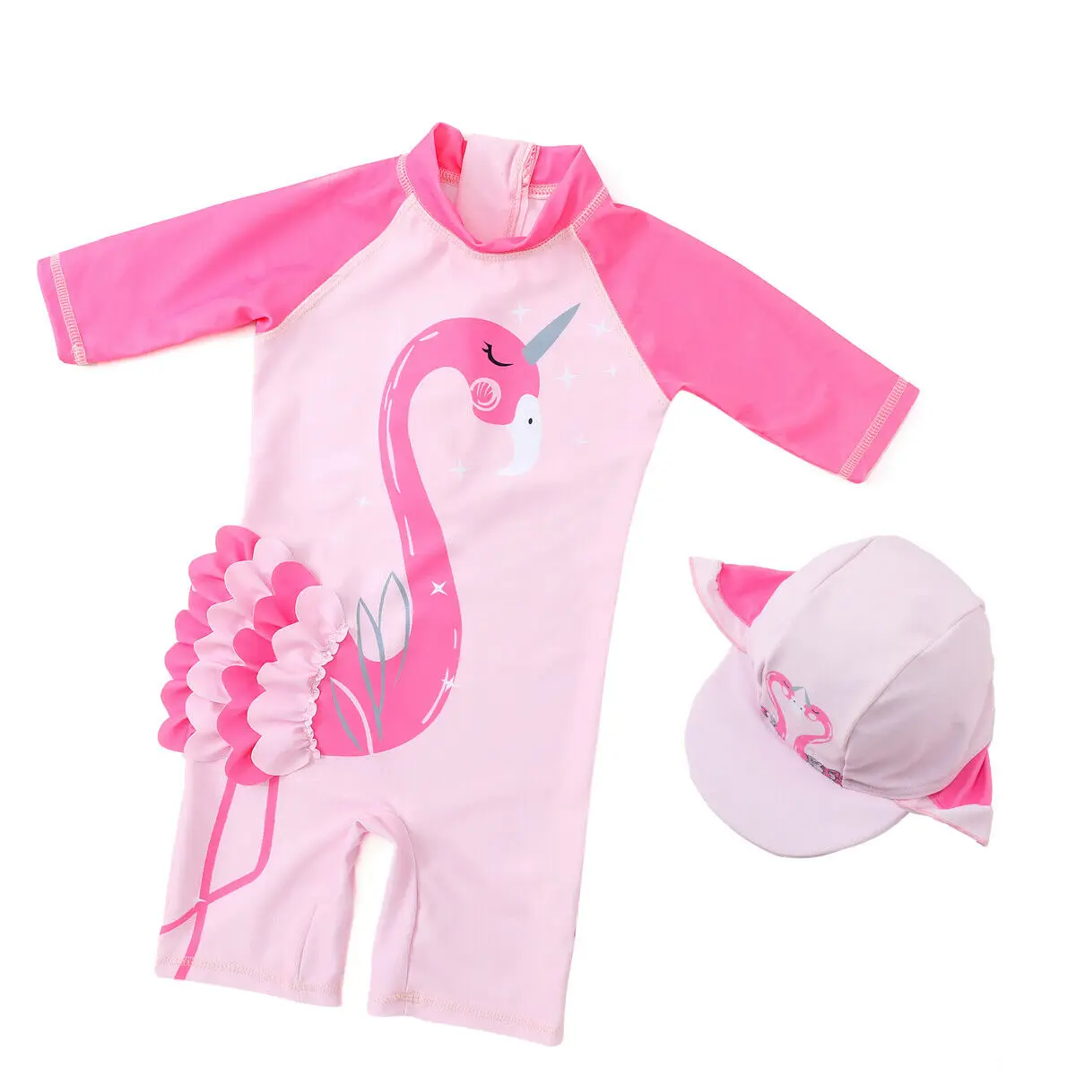 

2019 Baby Kids Girls Flamingo Swimsuit Summer Beach Cartoon Rash Guards Cute Swimming Costume Trunks+Hat 2Pcs Beach Set 2 to 7Y