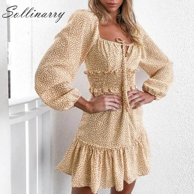 Sollinarry Vintage Polka Dot Ruffles Dress Women 2019 Elastic Waist Fall Winter Casual Dresses Square Collar Boho Vestidos | Женская