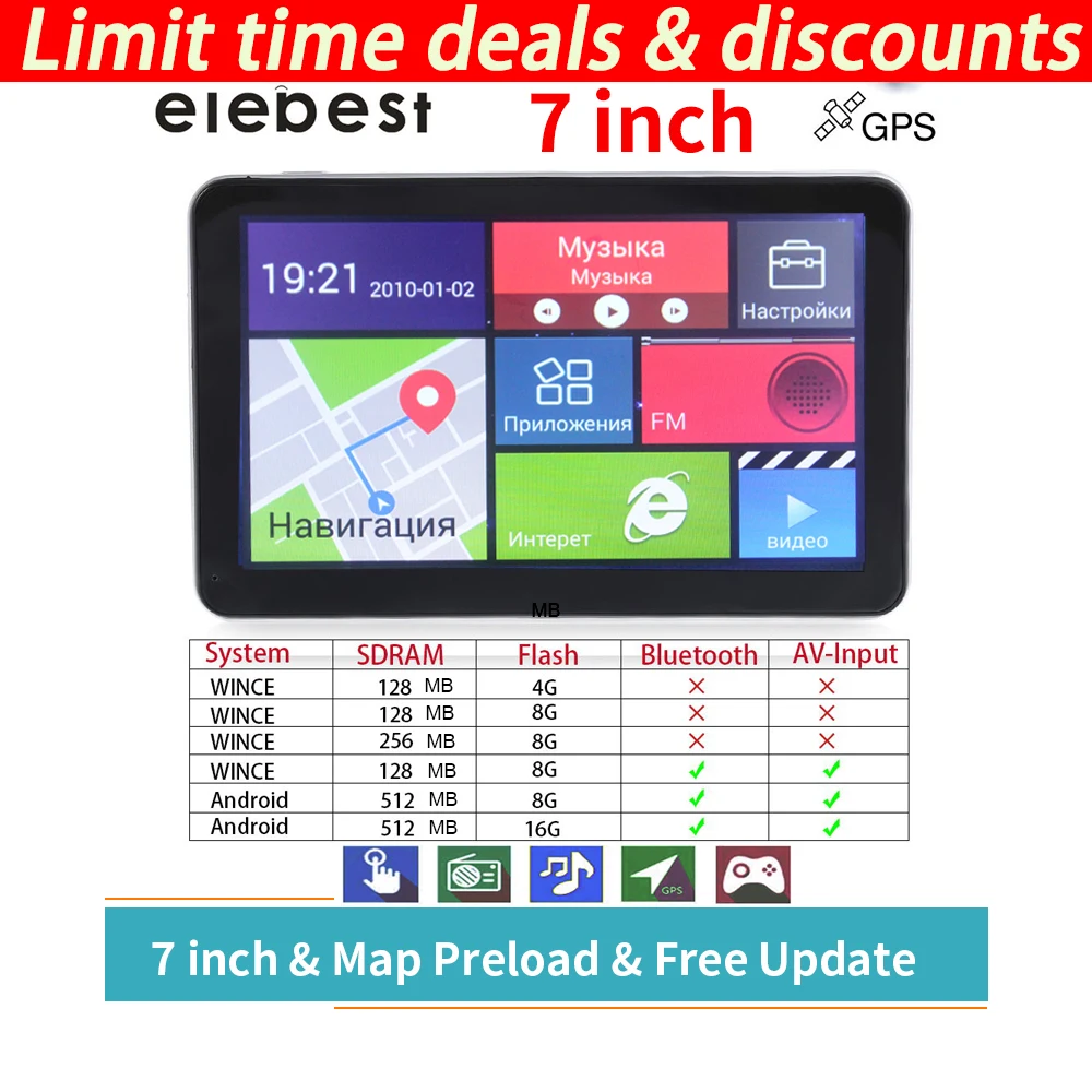 Pаспродажа Elebest font b gps b font навигация 7 дюймов сенсорный экран font b gps b font навигатор автомобиль грузовик font b gps b font Sat Nav BHT опционально Европа и т. д. карты бесплатное обновление
