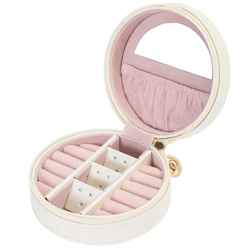 

Earring Holder Jewelry Box PU Leather Rings Round Case Portable With Mirror Necklace Display Crown Design Multi-layer Solid