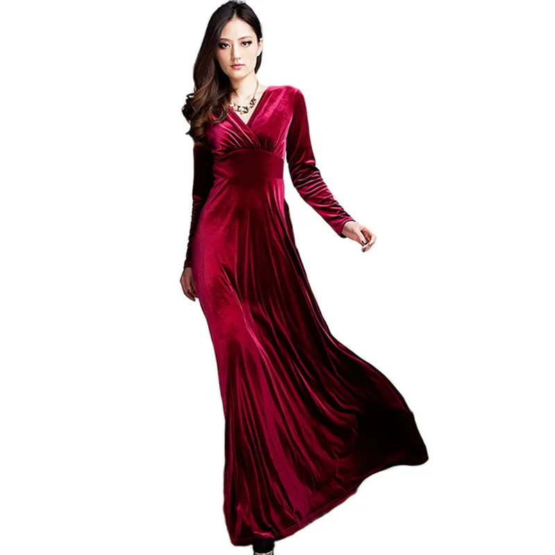 Long Dress Plus Size S-3XL Women Winter Dresses Sleeve V Neck Maxi Velour Sexy Party Night Club C2797 | Женская одежда