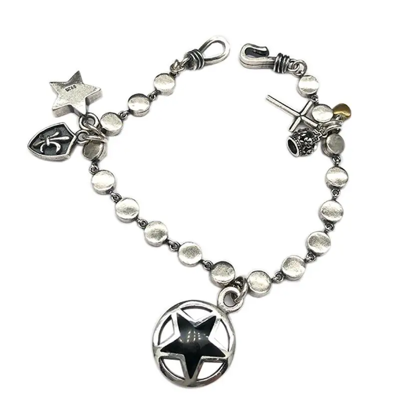 Чистое Серебро S925 серебро винтажный крест звезда кулон звено цепи 925 Серебряный браслет(YRT