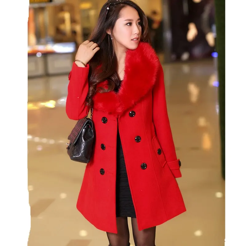 Осенне-зимние модные женские Пальто повседневные куртки с меховым воротником верхняя одежда женский элегантный шерстяной двубортный пальто - Цвет: Красный