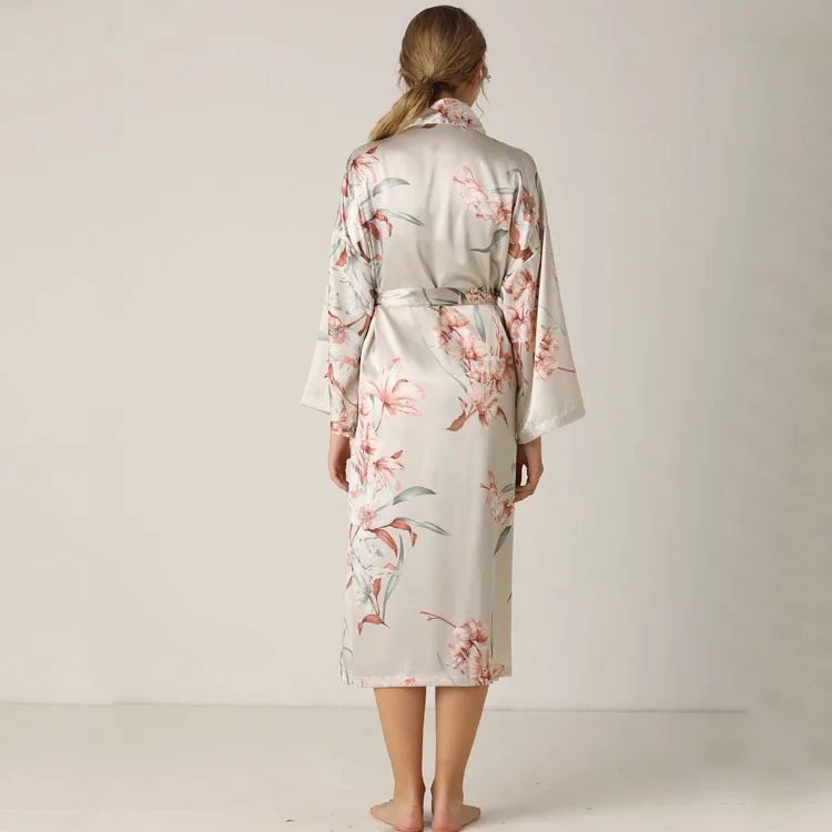 Print Flower Women Kimono Bathrobe Gown Intimate Lingerie Satin Nightwear Nighty&Robe Suit Sexy Sleepwear Silky Nightgown