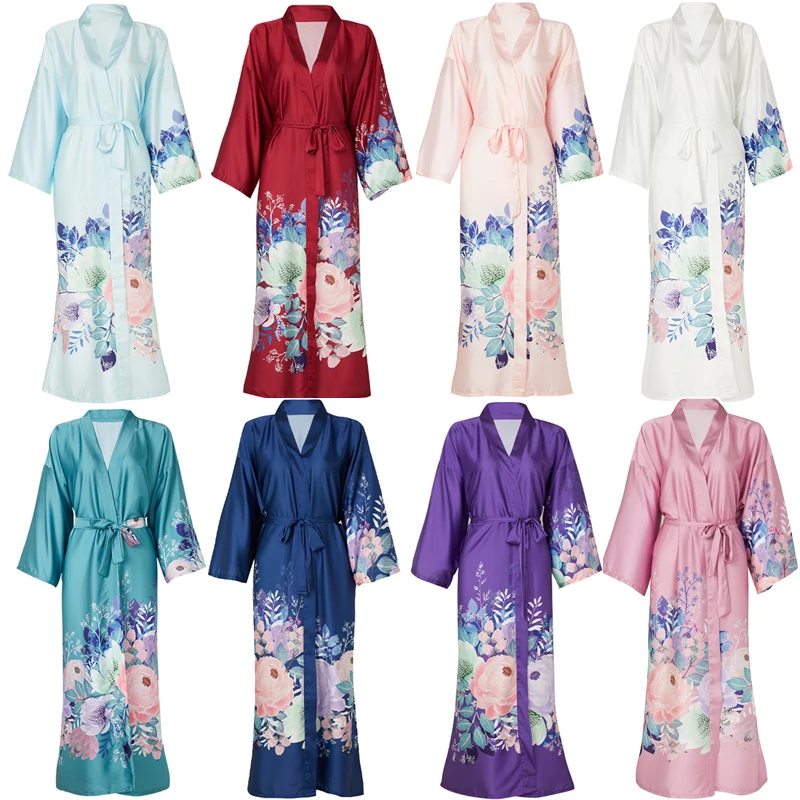 

2021 Satin Silk Robe Long Robes Floral Robe for Women Bridal Robes Digital Print Robe Bridesmaid Robes Gowns New