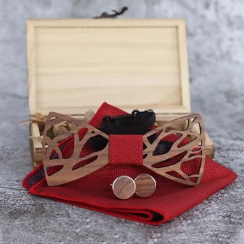

Romantic Men Hollow Out Carved Wood Bow Tie Handkerchief Cufflinks Set Business Wedding Christmas Party Gift Bowtie Novelty ties