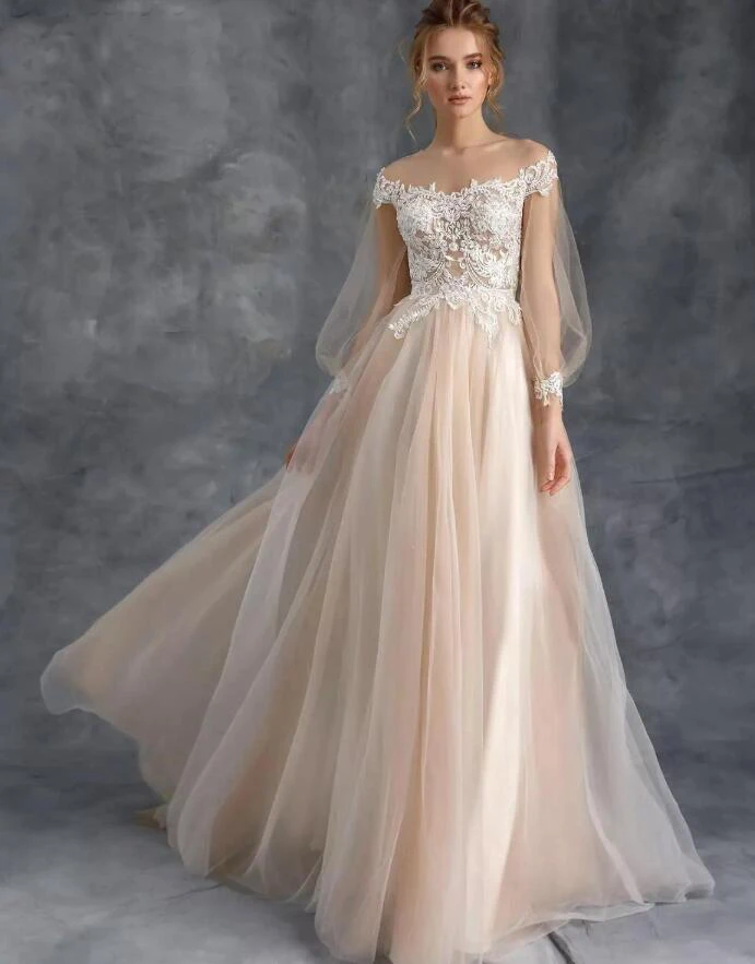 

Ivory Champagne Boho Wedding Dress with Unique 2020 New Hot Sale Lace Appliques Long Sleeves Simple Bride Dress