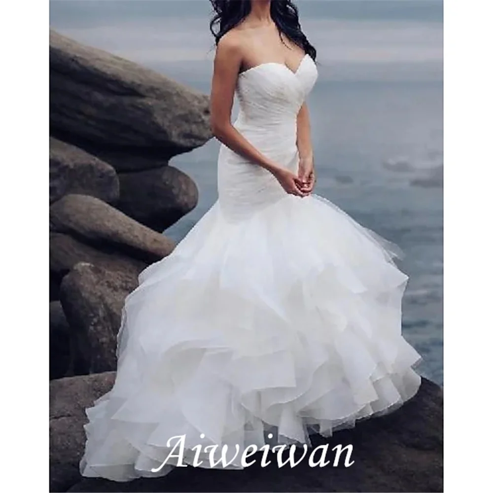

Mermaid /Trumpet Wedding Dresses Strapless Sweep / Brush Train Organza Tulle Sleeveless Country Sexy with Cascading Ruffles 2021
