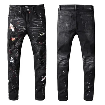 

2020 New Men's black bird embroidered painted ripped jeans Streetwear holes patchwork stretch denim pants Skinny pencil trousers