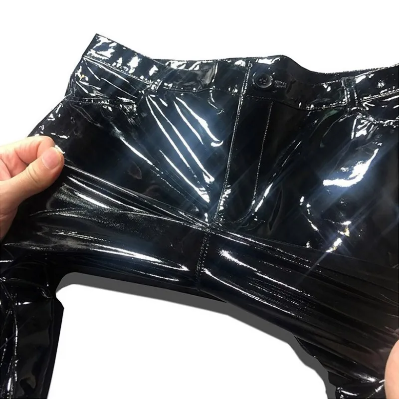 Hot Sexy Nightclub Wear Mens Bright PU Leather Trousers Spring Autumn Thin Male Skinny Black Pencil Pants Plus Size Costumes