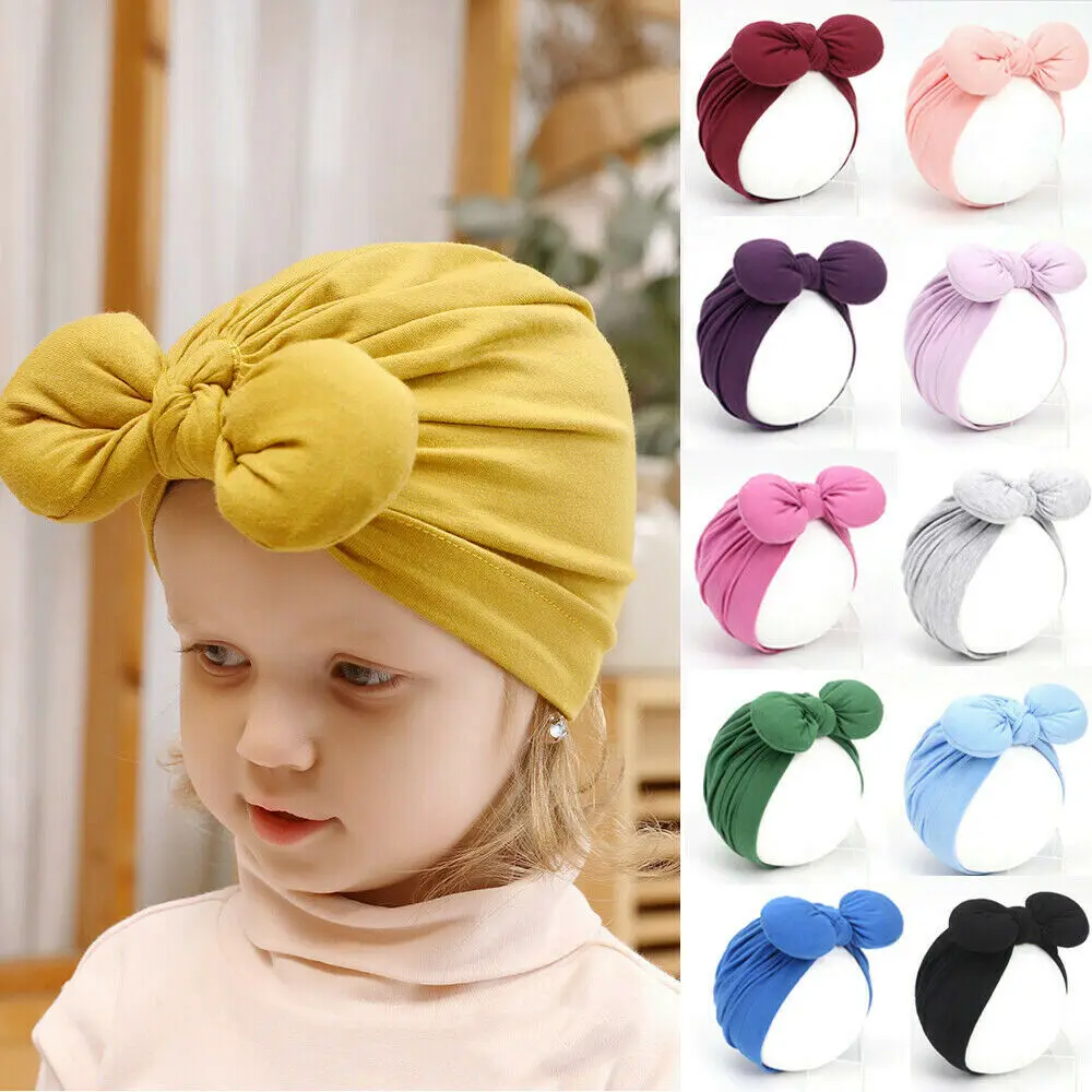 Newborn Toddler Baby Girls Turban Soft Silk Beanie Big Bow Hat Cap Wrap Headwear Headband Hats Accessories Candy Color Cute