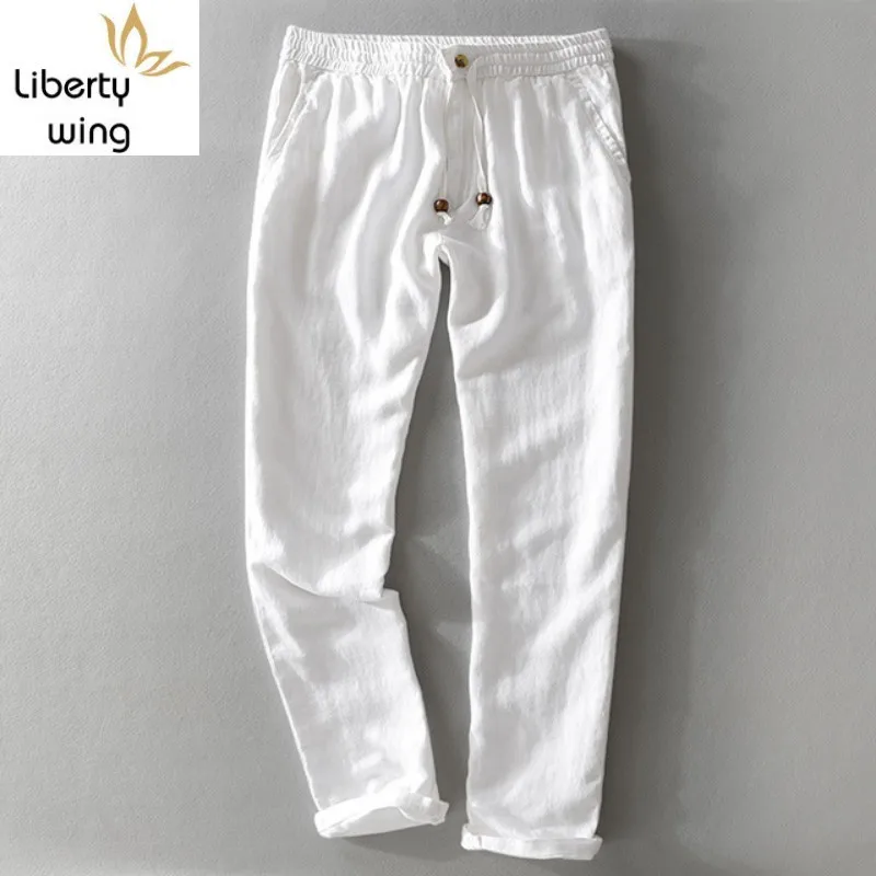 

2020 Summer Autumn White Linen Brand Trousers Men Elastic Waist Loose Pants Mens 30-40 Size 5 Colors Pantalon Hombre