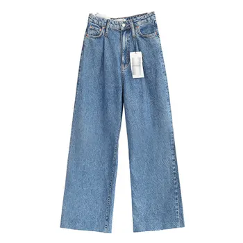 

Fashion Women Blue Pleated Wide Leg Jeans High Waist Pockets Denim Trousers Female Casual Long Pants Pantalones