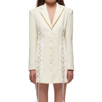 

Women Autumn Blazer Dress Single Breasted Lace Up Casual Dress