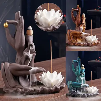 

Lotus Backflow Incense Burner Purple Sand Smoke Waterfall Ceramic Censer Buddha Hand Incense Sticks Holder Decorative Buddha